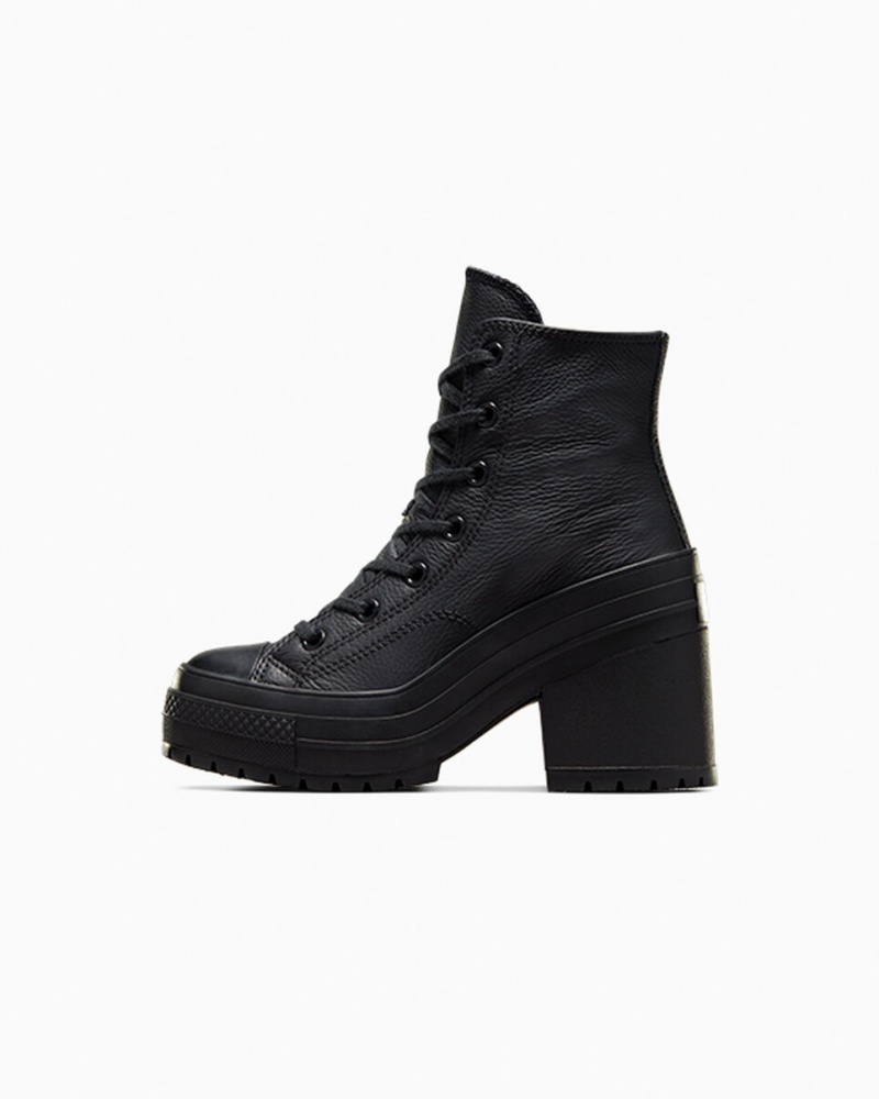 Converse Chuck 70 De Luxe Heel Skórzane Czarne Czarne Białe | 519263-ZJK
