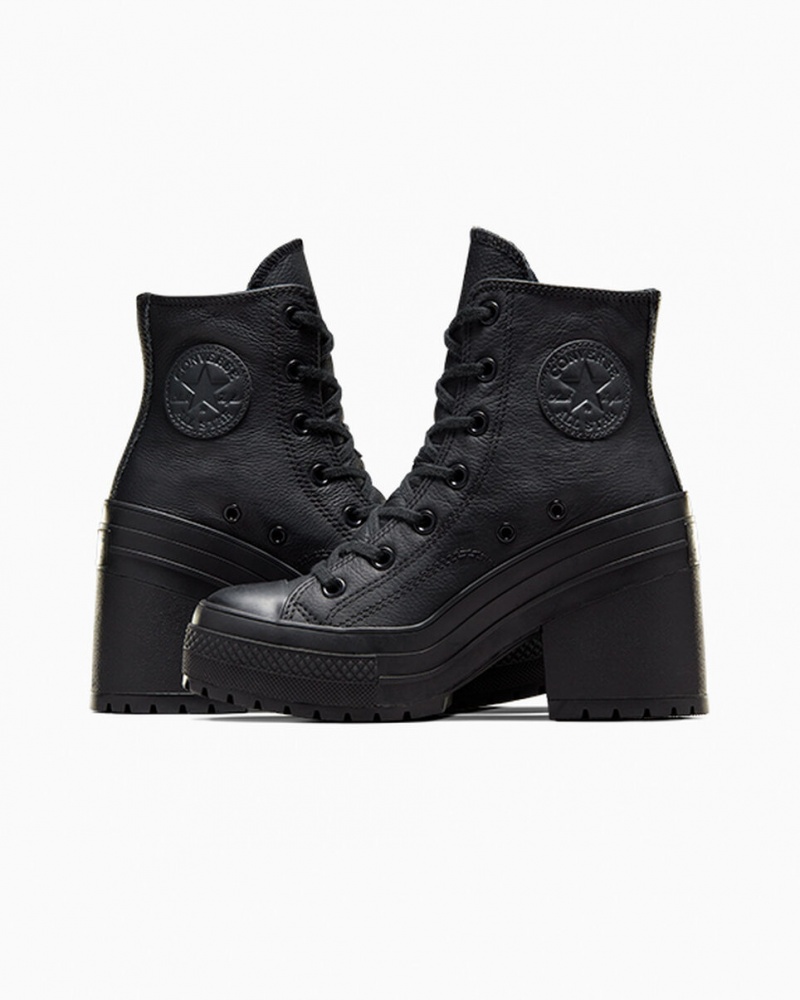 Converse Chuck 70 De Luxe Heel Skórzane Czarne Czarne Białe | 519263-ZJK