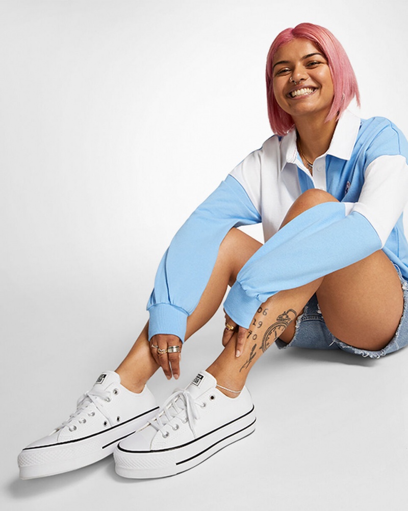 Converse Chuck Taylor All Star Lift Platformie Skórzane Białe Czarne Białe | 127463-HJC