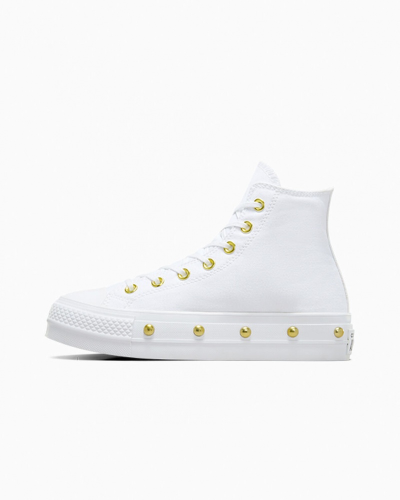 Converse Chuck Taylor All Star Lift Platformie Star Studded Białe Białe Złote | 694810-GPC