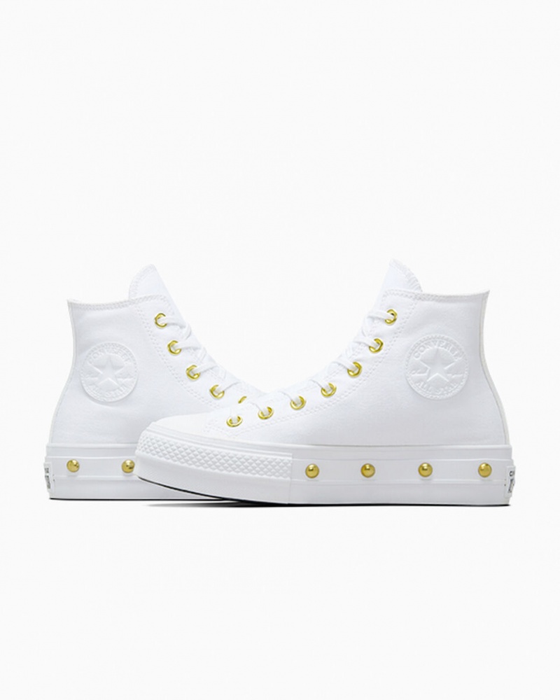 Converse Chuck Taylor All Star Lift Platformie Star Studded Białe Białe Złote | 694810-GPC