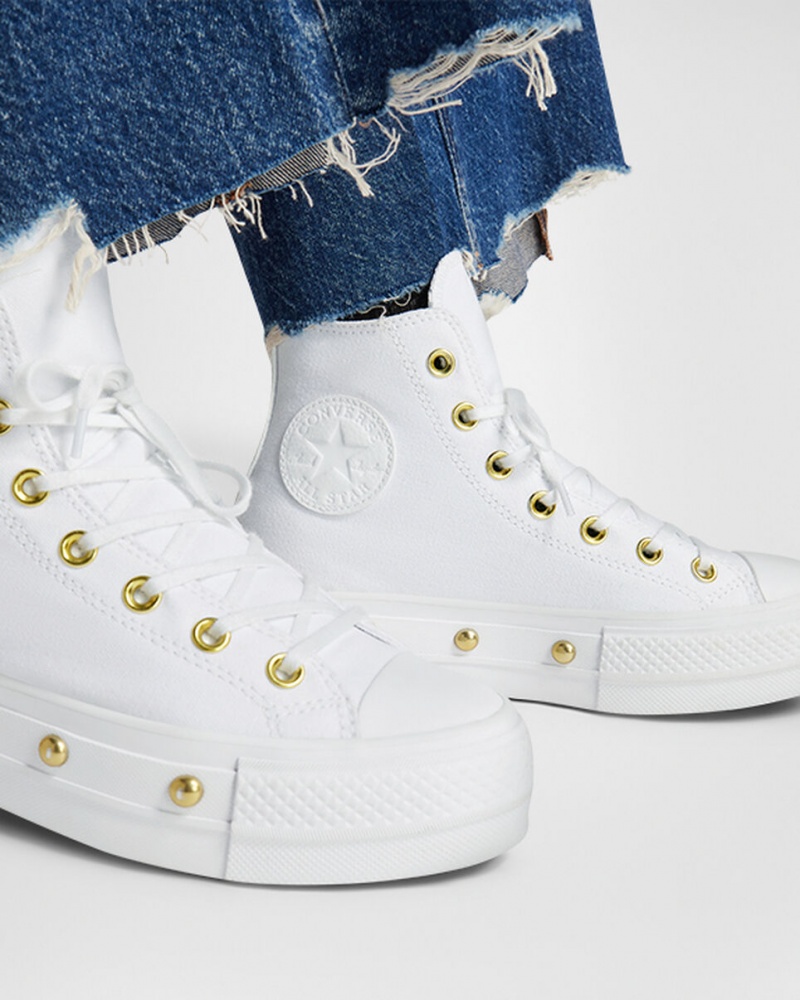 Converse Chuck Taylor All Star Lift Platformie Star Studded Białe Białe Złote | 694810-GPC