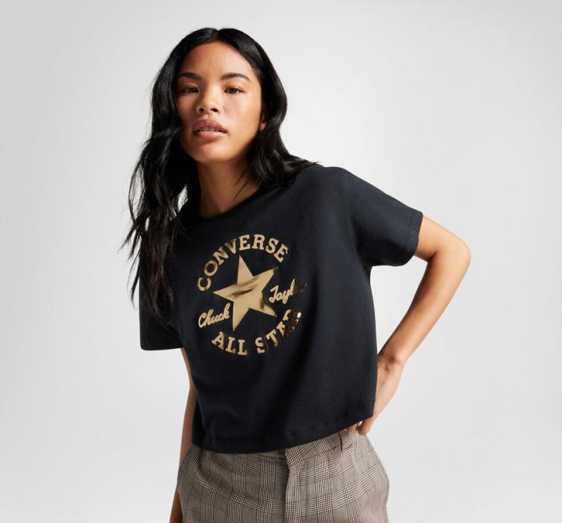 Converse Chuck Taylor Patch Cropped T-Shirt Czarne | 164823-TWD