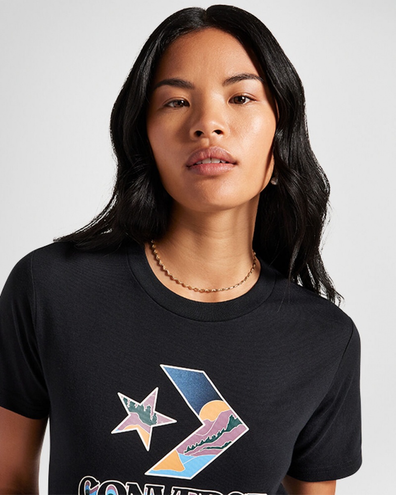 Converse Star Chevron Mountain Grafiką T-Shirt Czarne | 621037-GDU